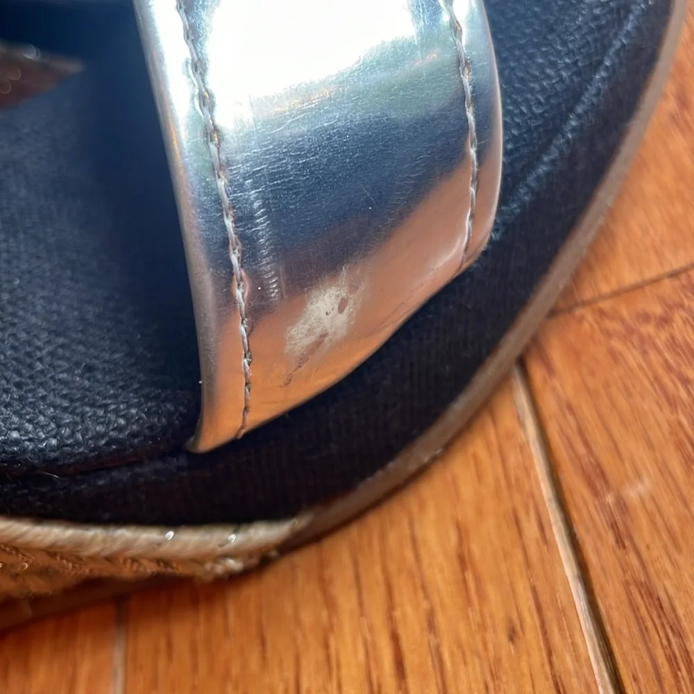 🍰 Maypol black linen and silver detail wedge ankle strap espadrille: